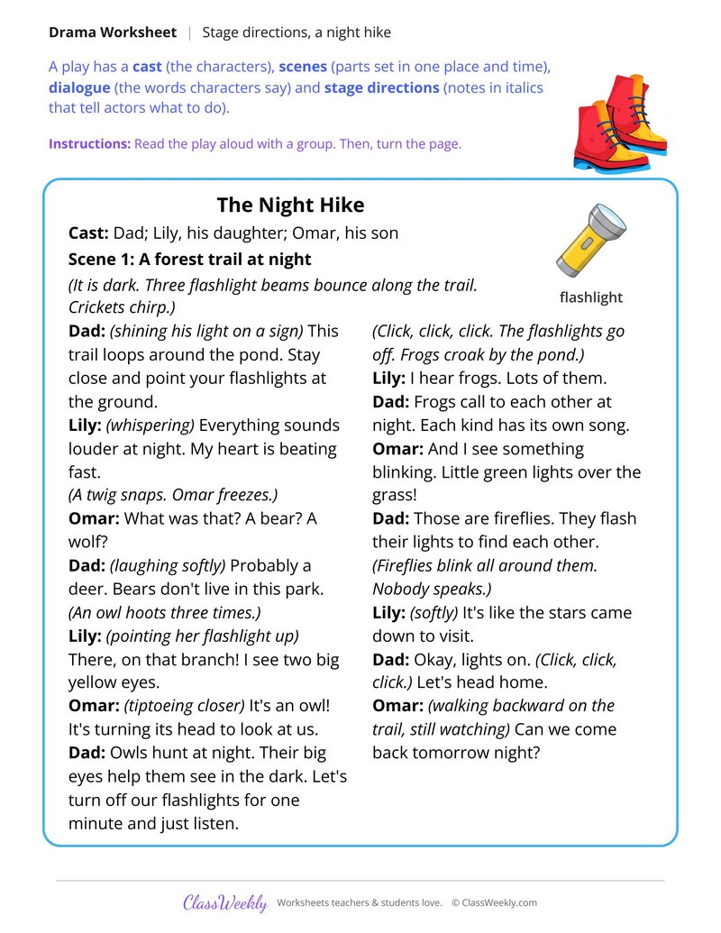 Find the Stage Directions in a Play, The Night Hike - Page 1