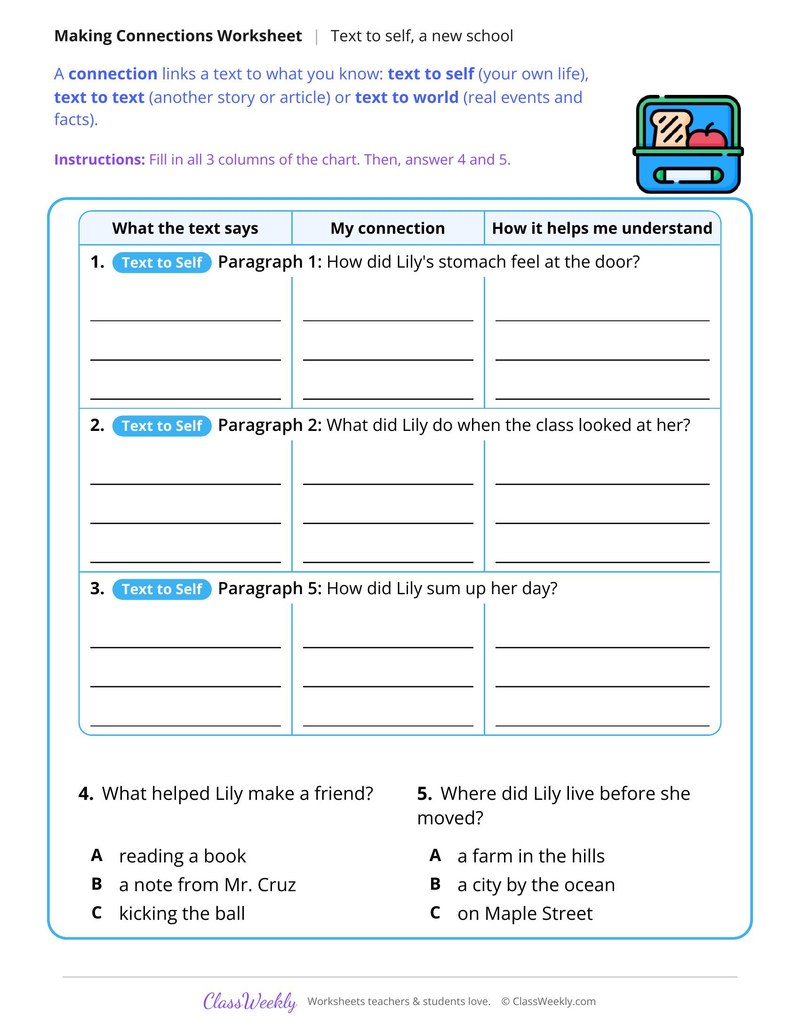 Make Text to Self Connections, The First Day at a New School - Page 2