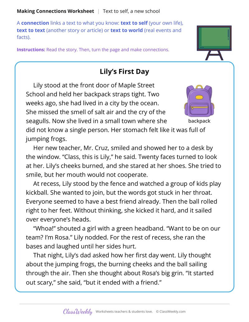 Make Text to Self Connections, The First Day at a New School - Page 1