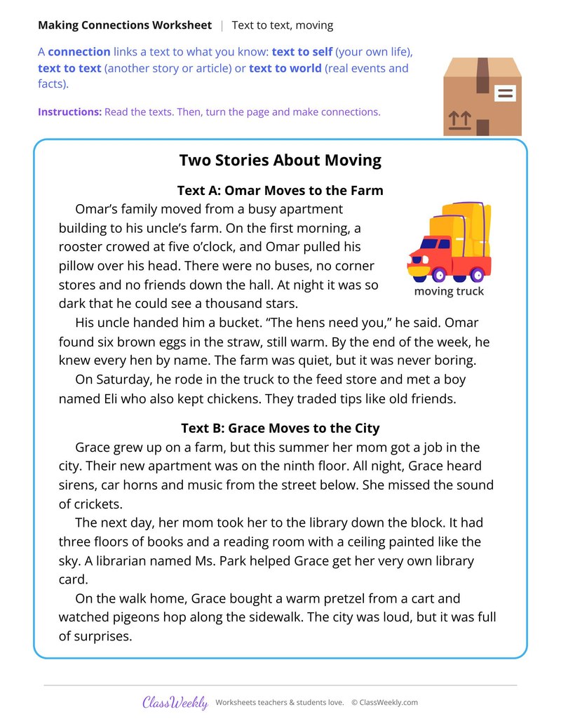 Make Text to Text Connections, Two Stories About Moving - Page 1