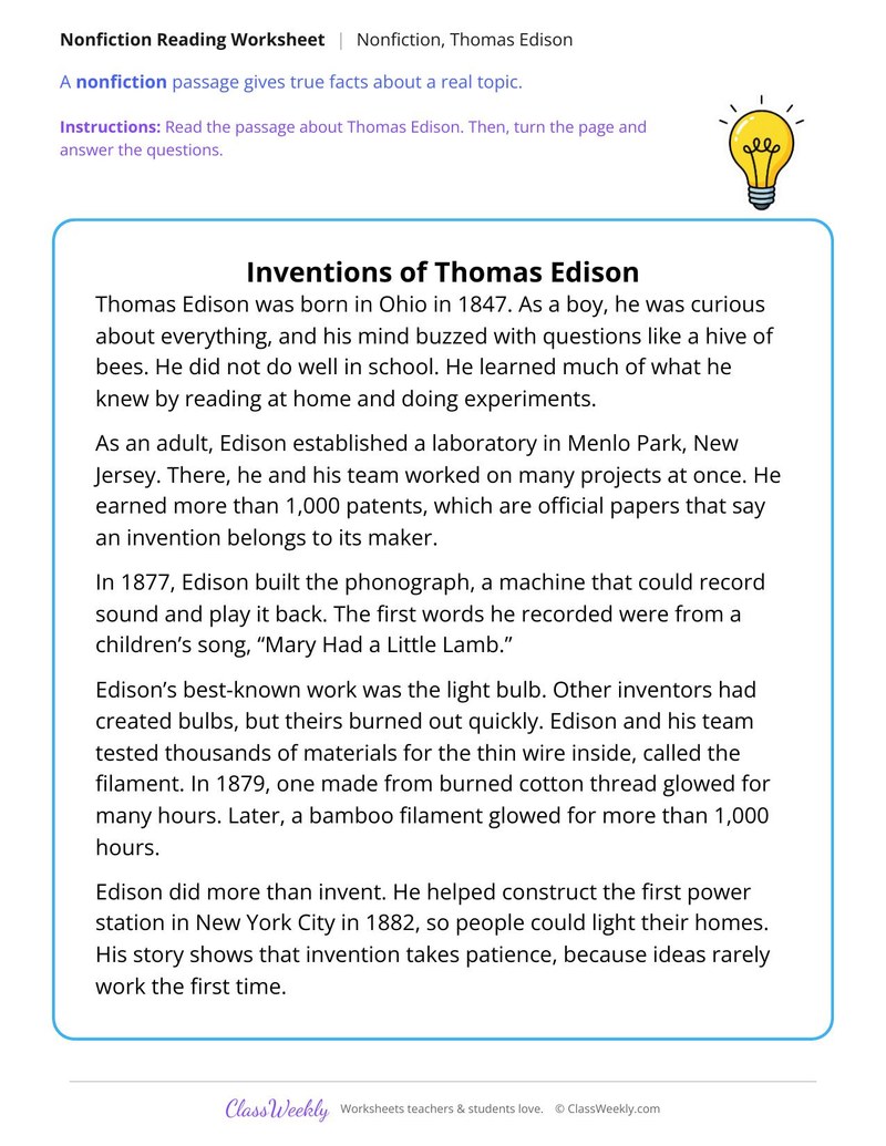Inventions of Thomas Edison (Nonfiction Passage) - Page 1