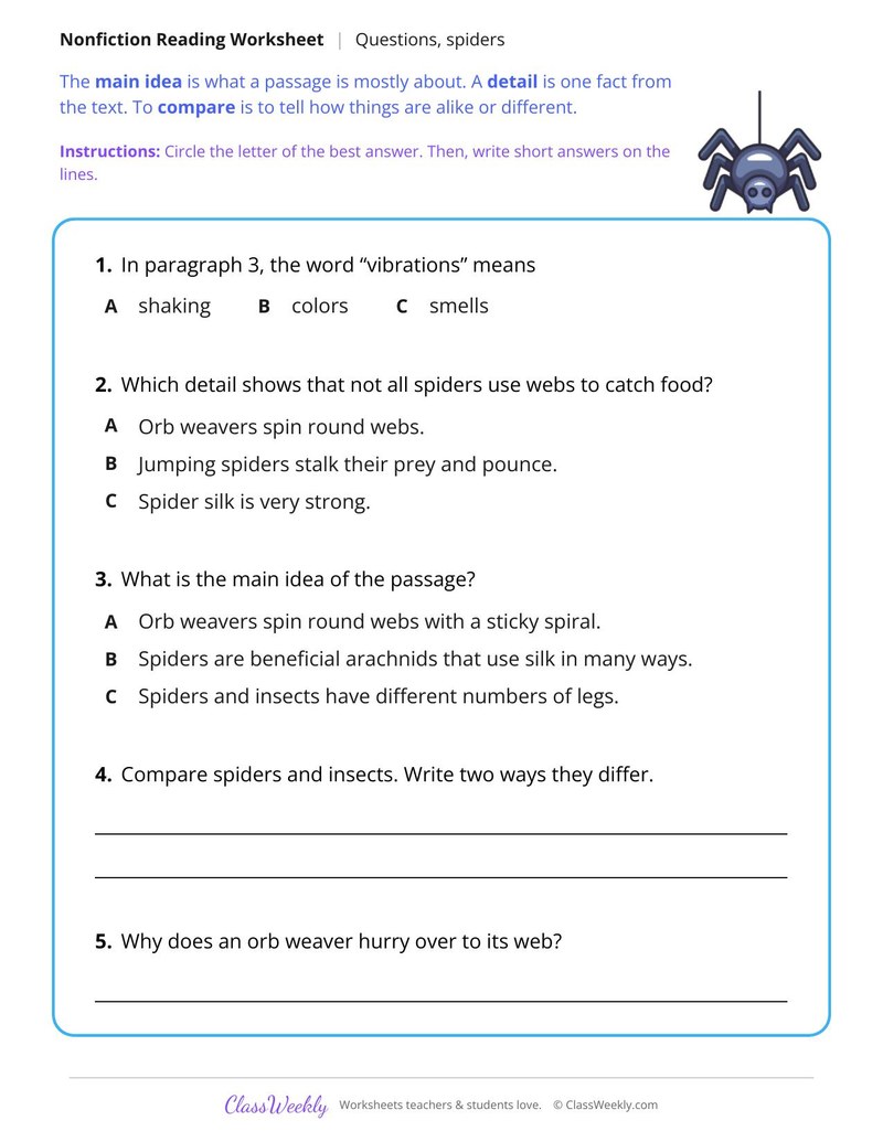 Spiders and Their Webs (Nonfiction Passage)