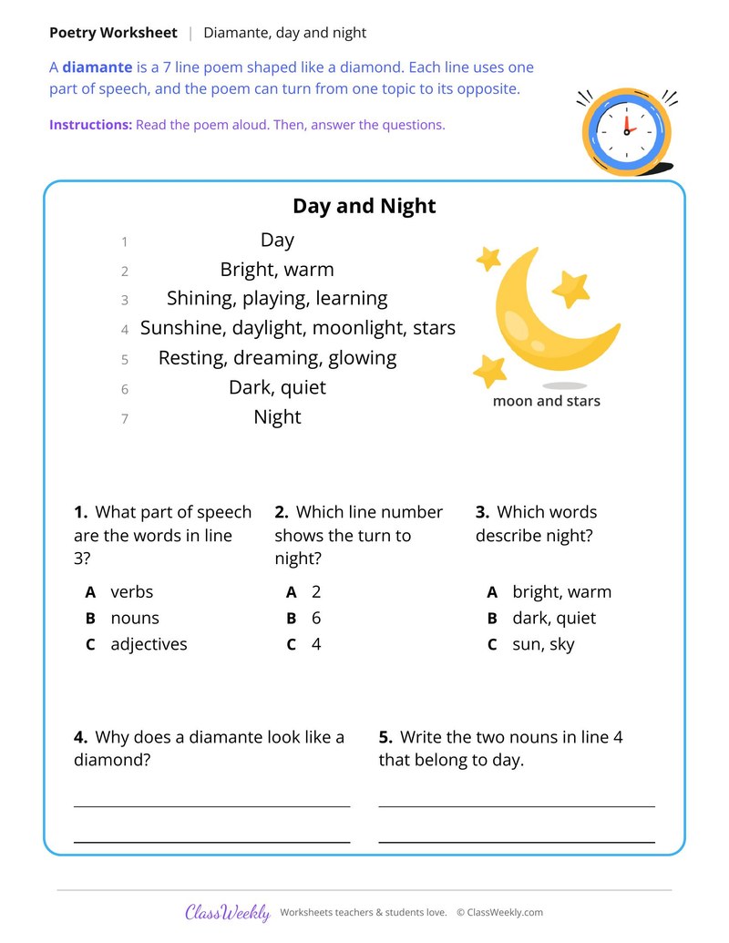 Read a Diamante Poem About Day and Night
