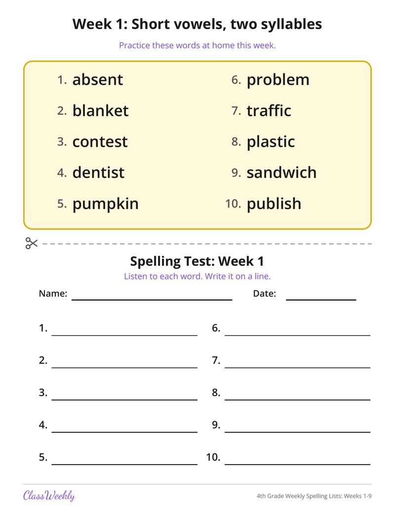 4th Grade Weekly Spelling Lists: Weeks 1-9