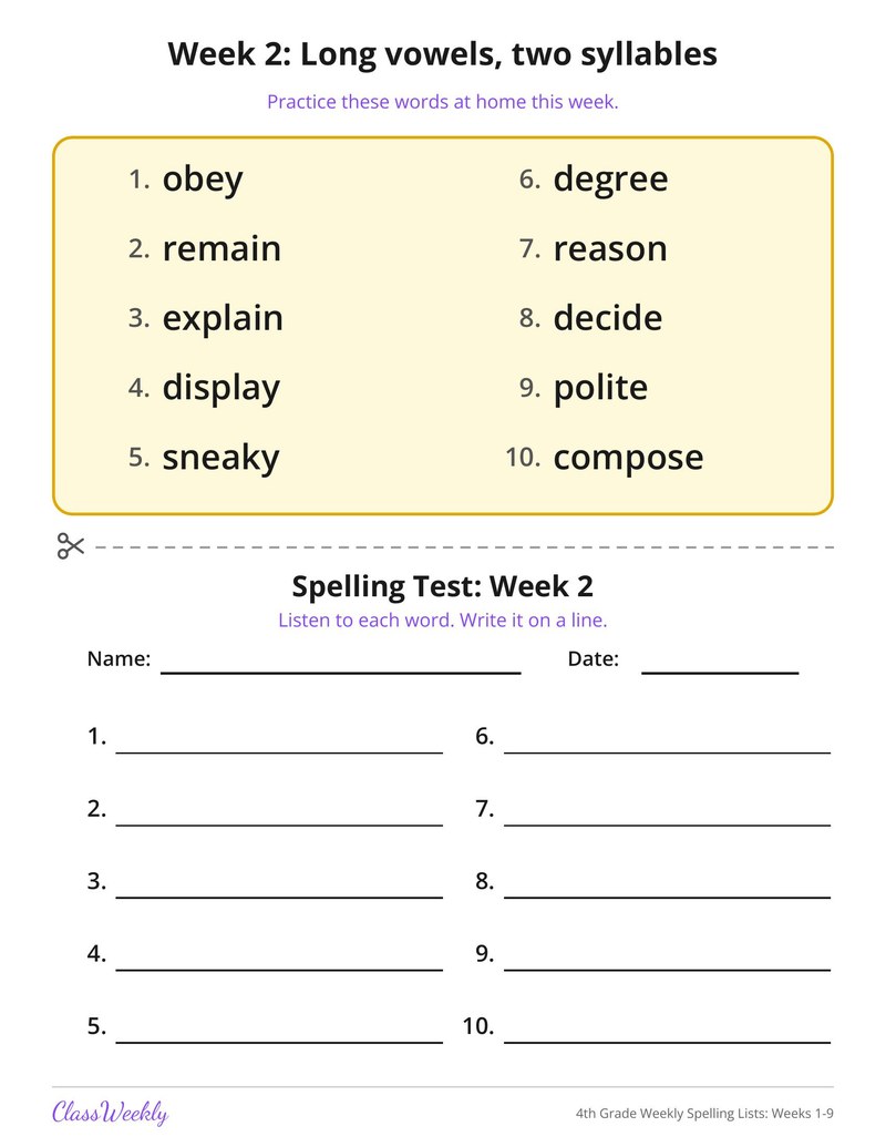 4th Grade Weekly Spelling Lists: Weeks 1-9