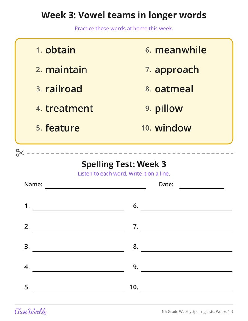 4th Grade Weekly Spelling Lists: Weeks 1-9