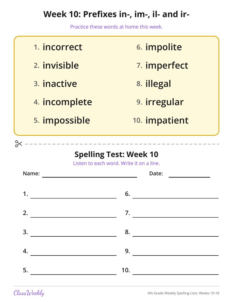 4th Grade Weekly Spelling Lists: Weeks 10-18