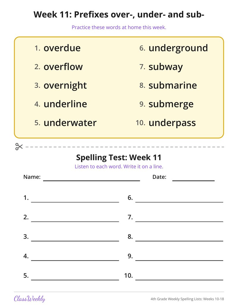 4th Grade Weekly Spelling Lists: Weeks 10-18