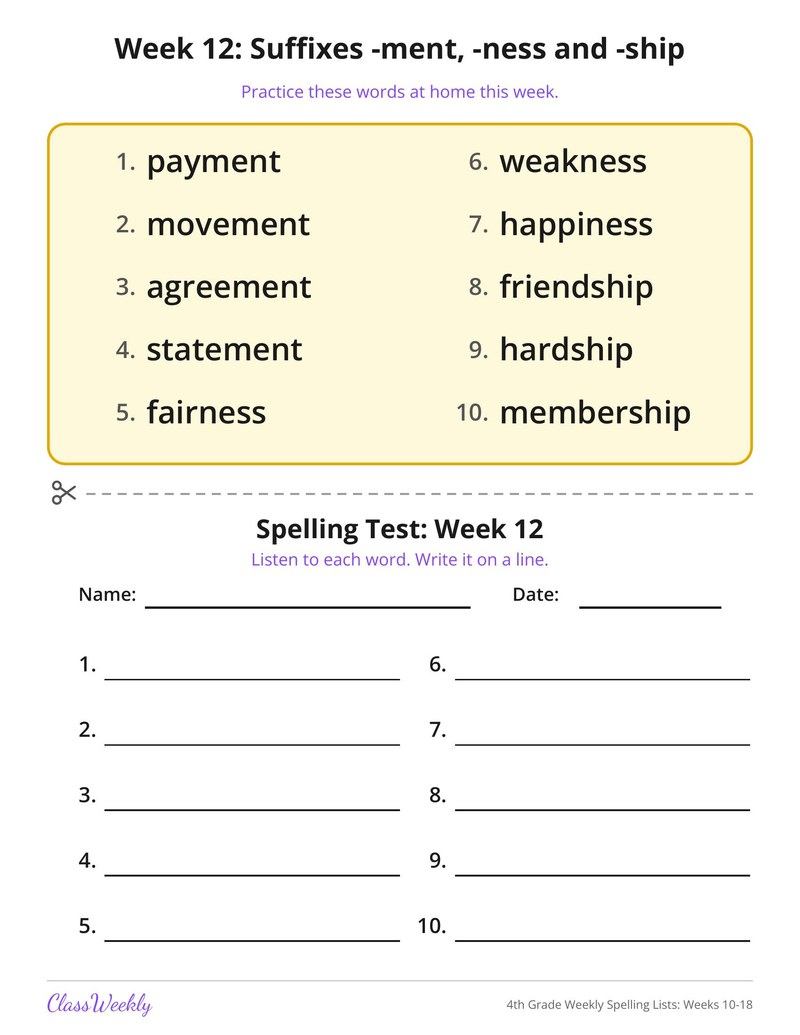 4th Grade Weekly Spelling Lists: Weeks 10-18