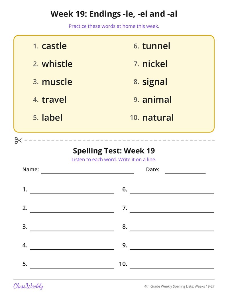4th Grade Weekly Spelling Lists: Weeks 19-27