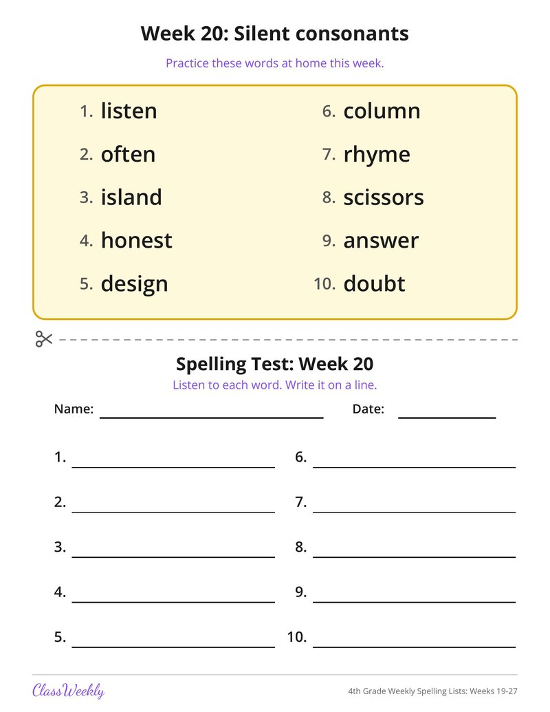 4th Grade Weekly Spelling Lists: Weeks 19-27