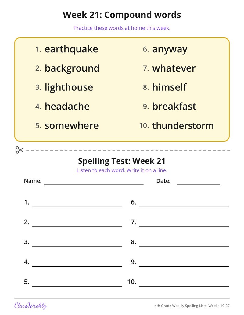 4th Grade Weekly Spelling Lists: Weeks 19-27