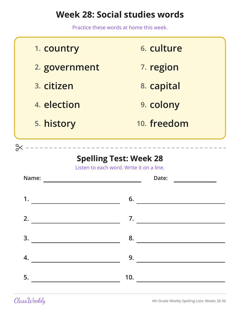 4th Grade Weekly Spelling Lists: Weeks 28-36