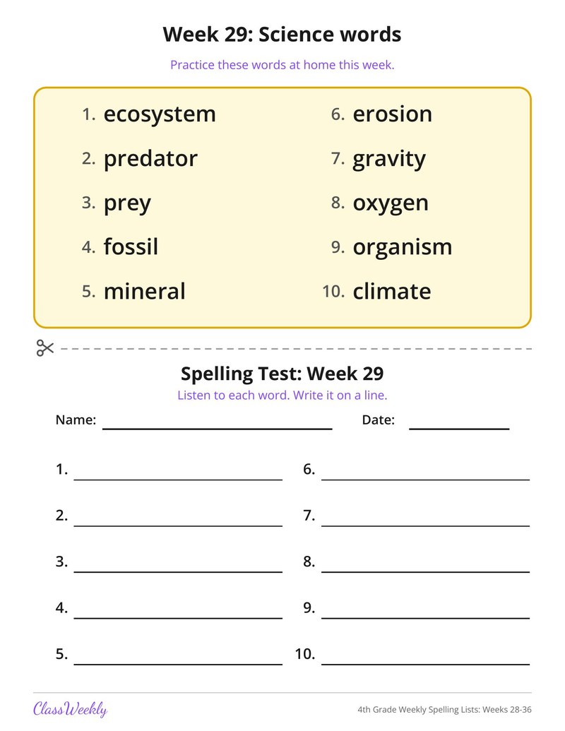 4th Grade Weekly Spelling Lists: Weeks 28-36