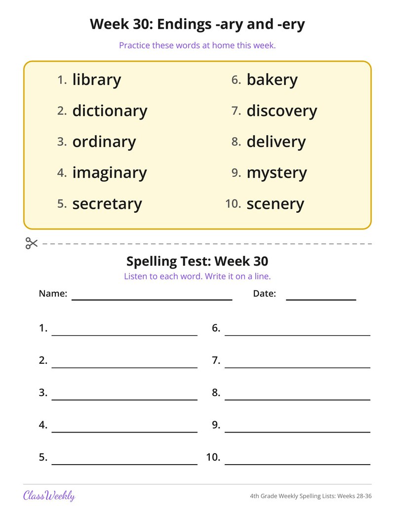 4th Grade Weekly Spelling Lists: Weeks 28-36