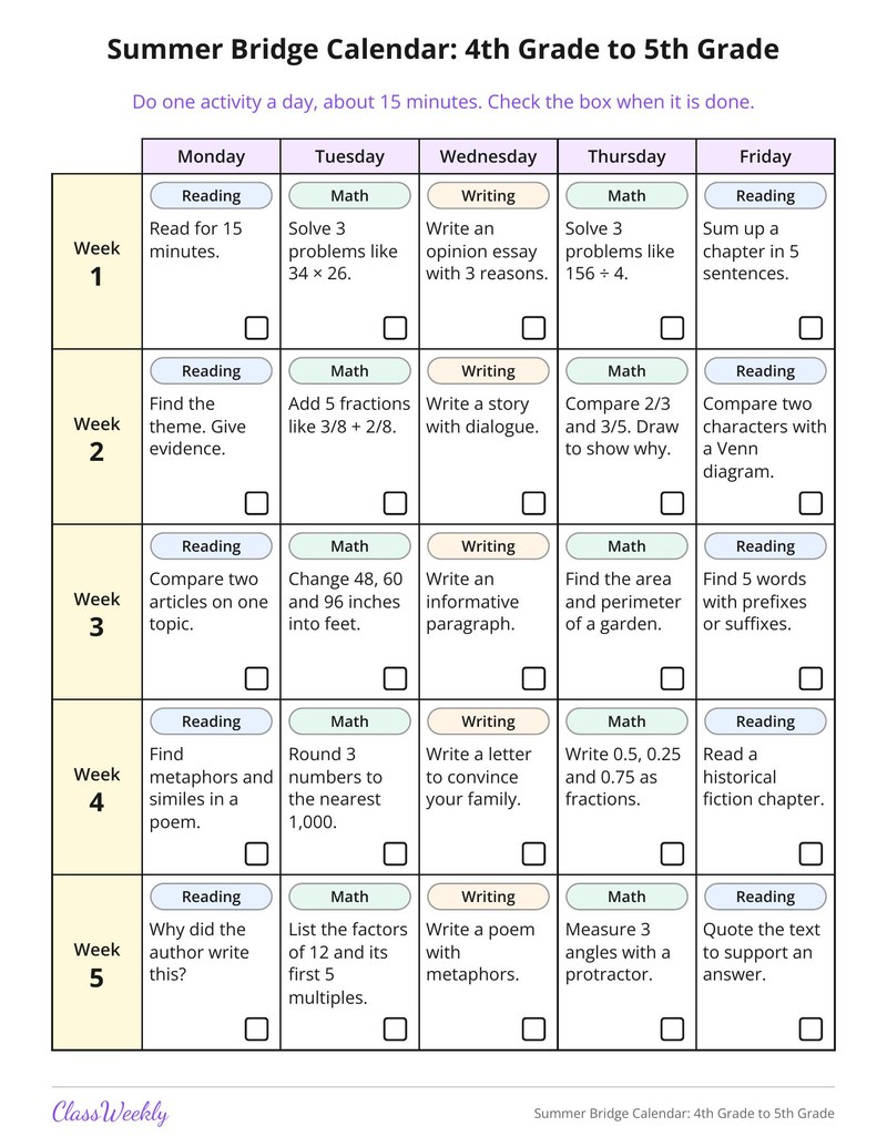 Summer Bridge Calendar: 4th Grade to 5th Grade