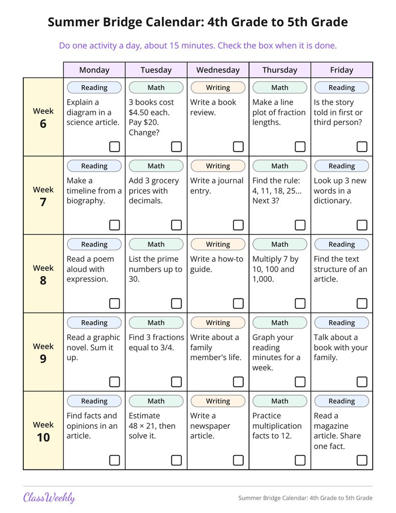 Summer Bridge Calendar: 4th Grade to 5th Grade