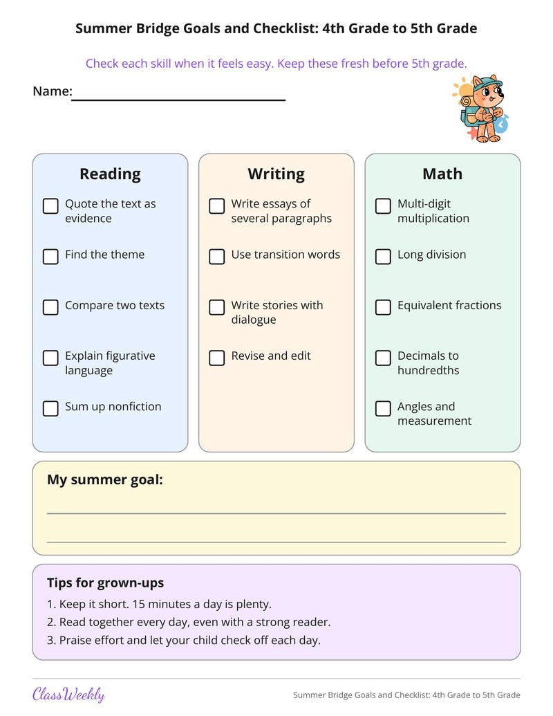 Summer Bridge Goals and Checklist: 4th Grade to 5th Grade