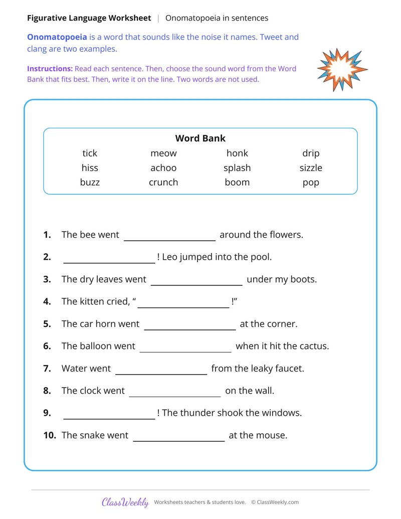 Onomatopoeia Word Bank Sentences