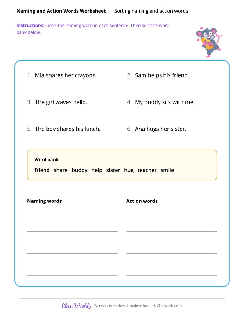 Naming and Action Words - Friendship & Kindness