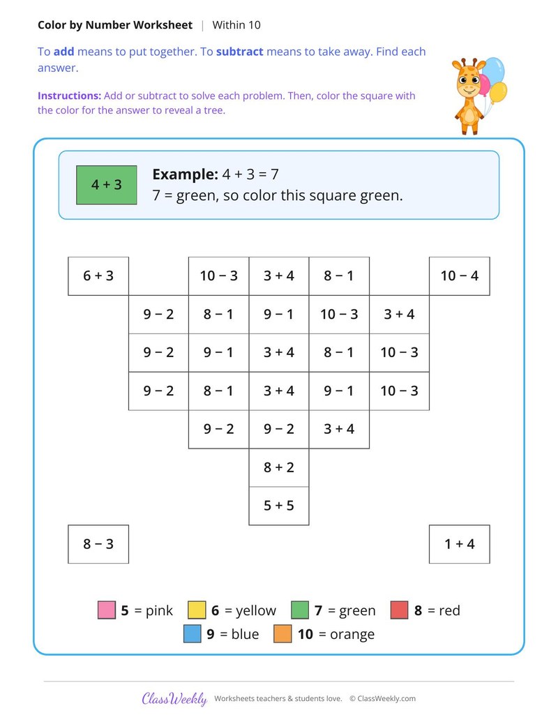 Math Facts Color by Number, Within 10