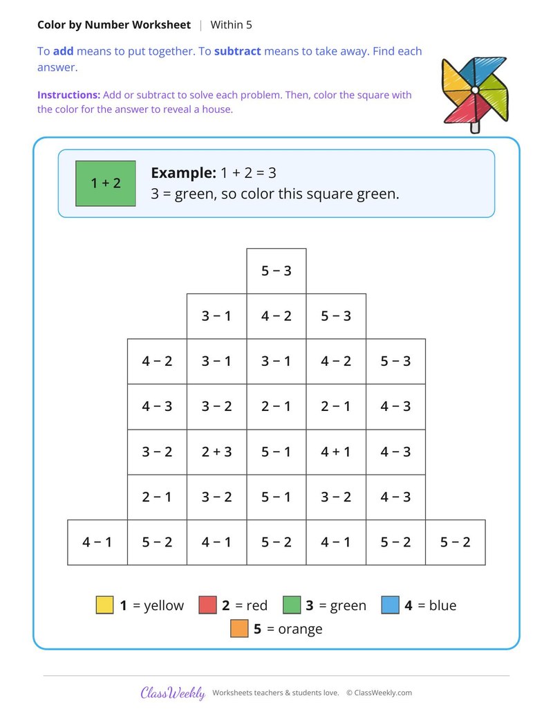 Math Facts Color by Number, Within 5
