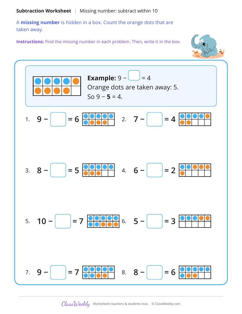 Missing Number, Subtract Within 10