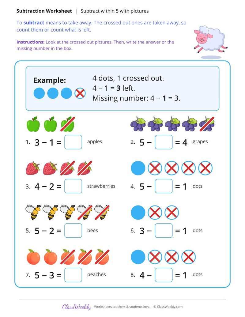 Subtract Within 5 with Pictures