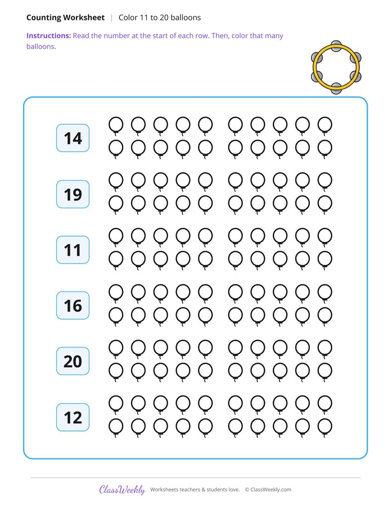 Color the Right Number of Balloons, 11 to 20