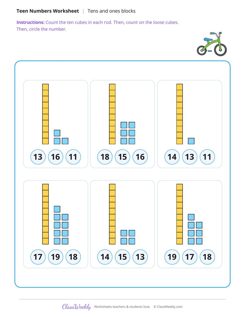 Count Tens and Ones Blocks for Teen Numbers