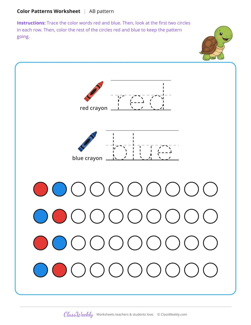 Color an AB Pattern and Trace the Color Words