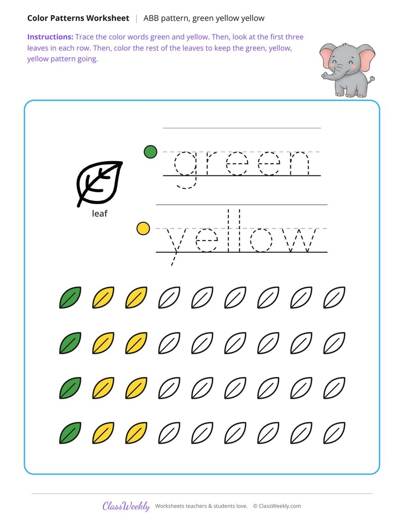 Color an ABB Pattern, Green Yellow Yellow