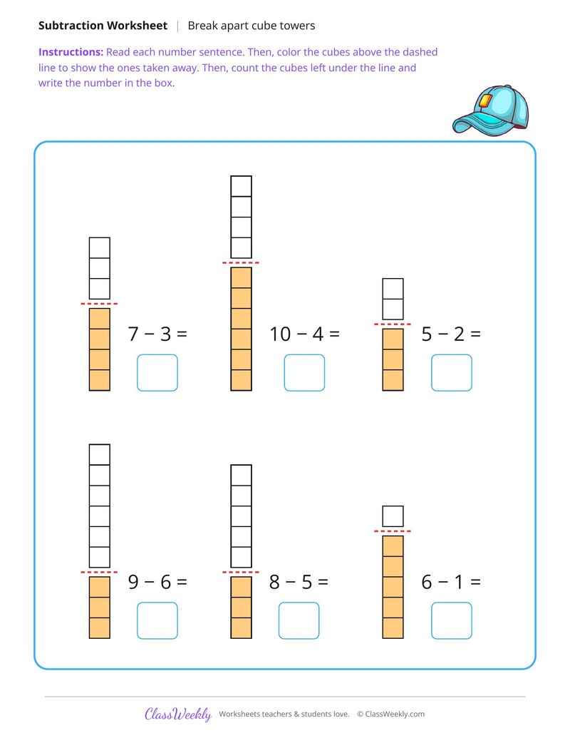 Break Apart Cube Towers to Subtract Within 10
