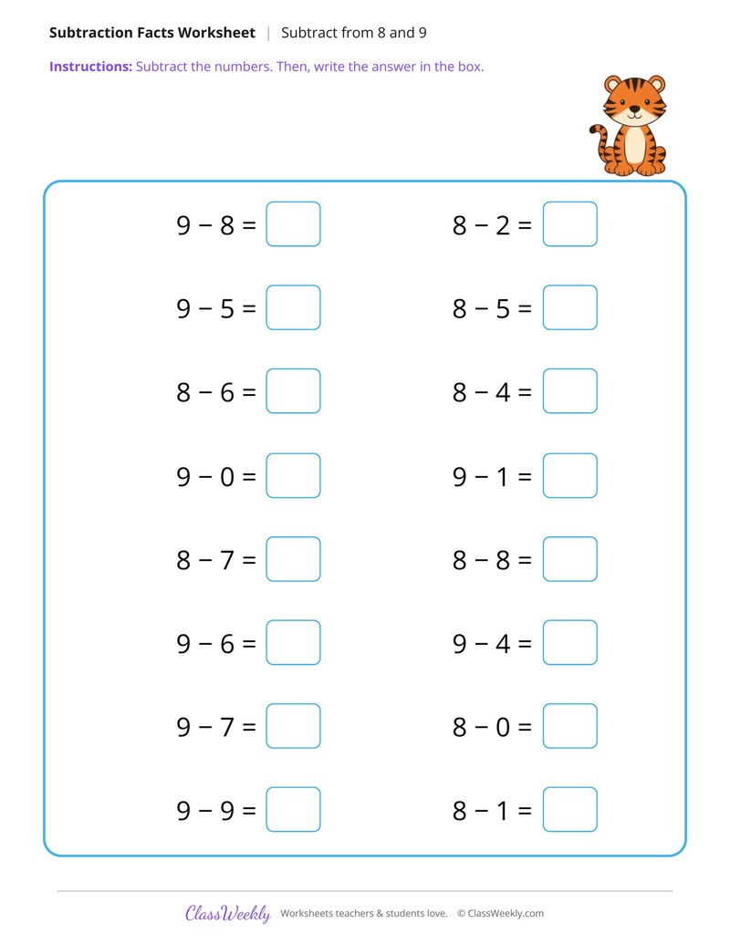 Subtract From 8 and 9