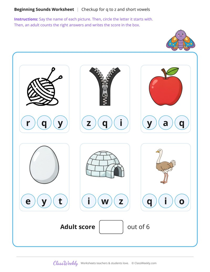 Beginning Sounds Checkup Q to Z and Short Vowels - Page 2