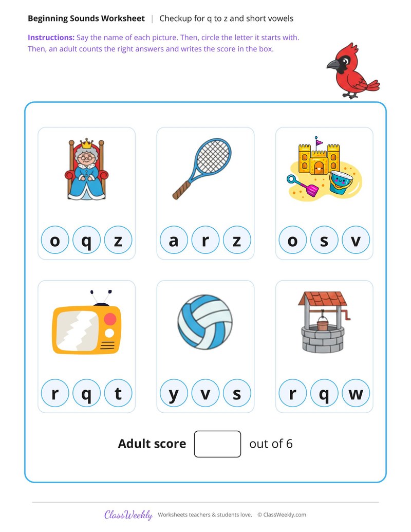 Beginning Sounds Checkup Q to Z and Short Vowels - Page 1