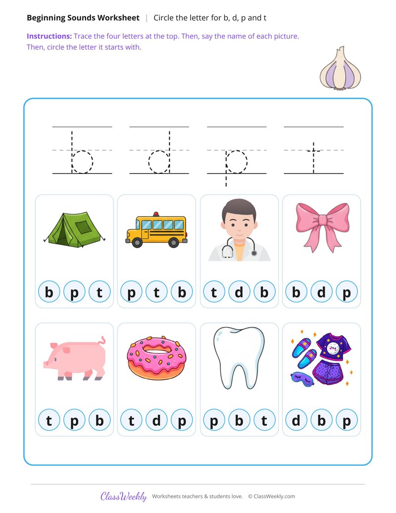 Circle and Trace Beginning Sounds B, D, P and T