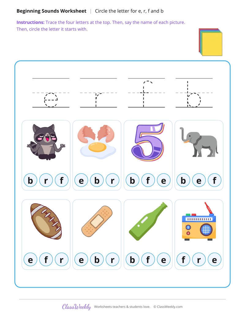 Circle and Trace Beginning Sounds E, R, F and B