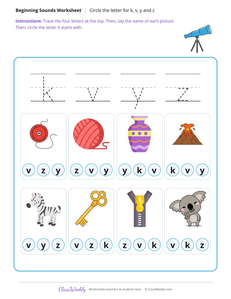 Circle and Trace Beginning Sounds K, V, Y and Z