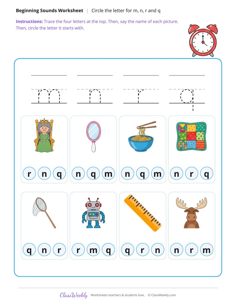 Circle and Trace Beginning Sounds M, N, R and Q