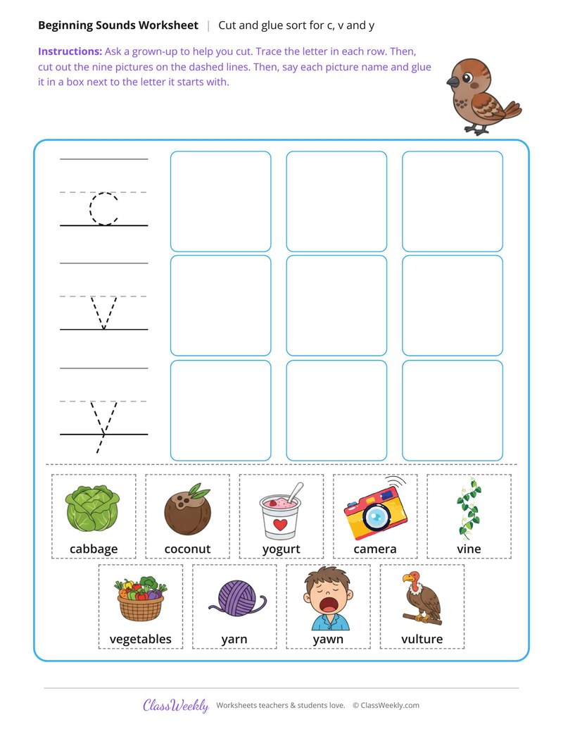 Cut and Glue Beginning Sound Sort C, V and Y
