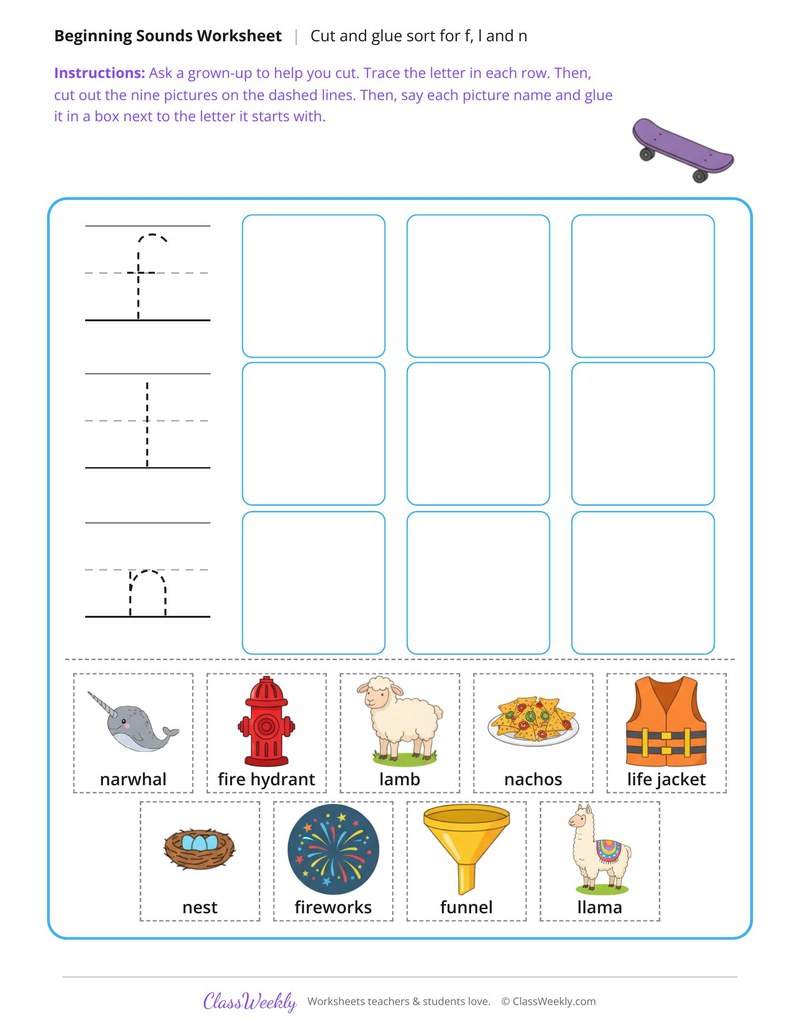 Cut and Glue Beginning Sound Sort F, L and N
