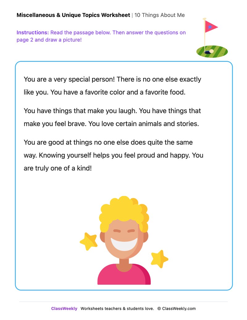 10 Things About Me - Draw & Write Worksheet - Page 1