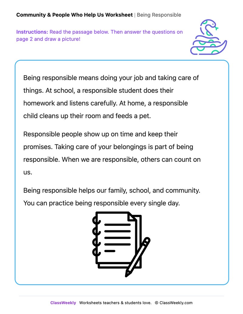 Being Responsible - Draw & Write Worksheet - Page 1
