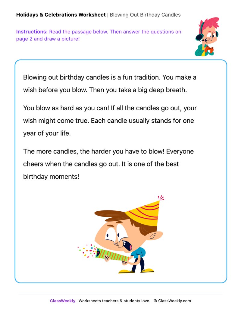 Blowing Out Birthday Candles - Draw & Write Worksheet - Page 1