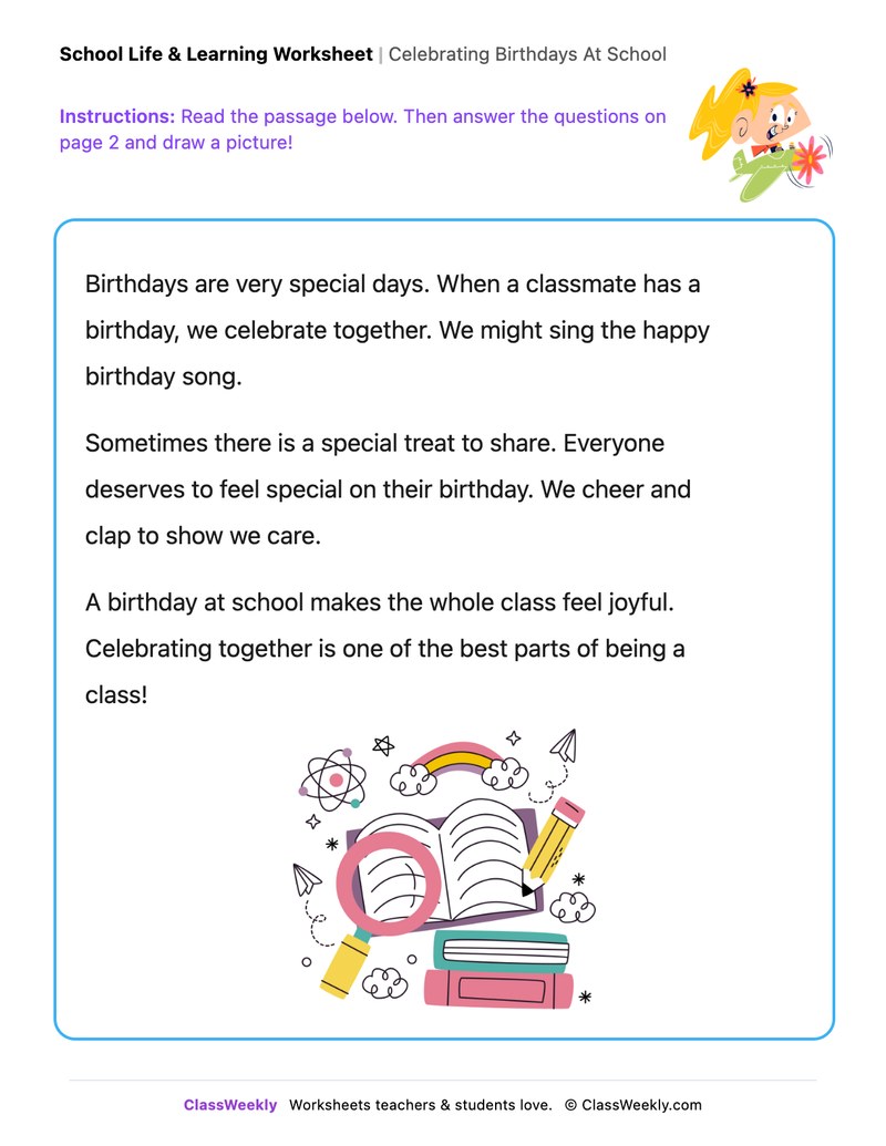 Celebrating Birthdays At School - Draw & Write Worksheet - Page 1