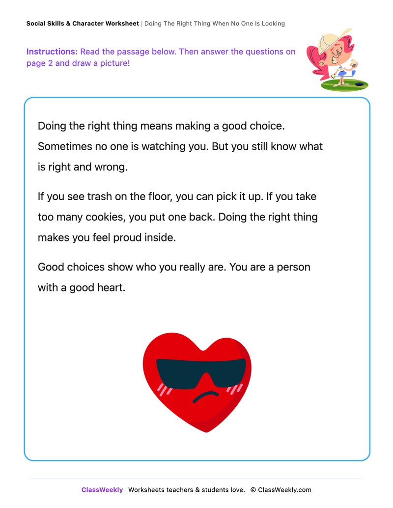 Doing The Right Thing When No One Is Looking - Draw & Write Worksheet - Page 1