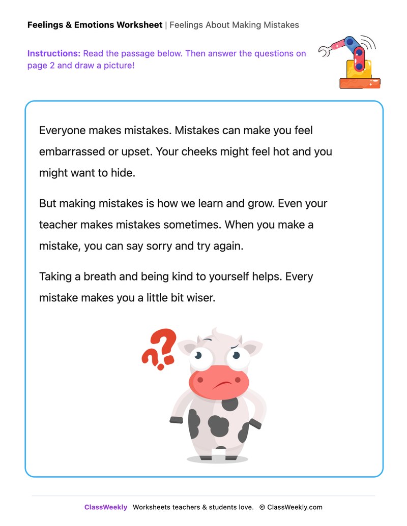 Feelings About Making Mistakes - Draw & Write Worksheet - Page 1