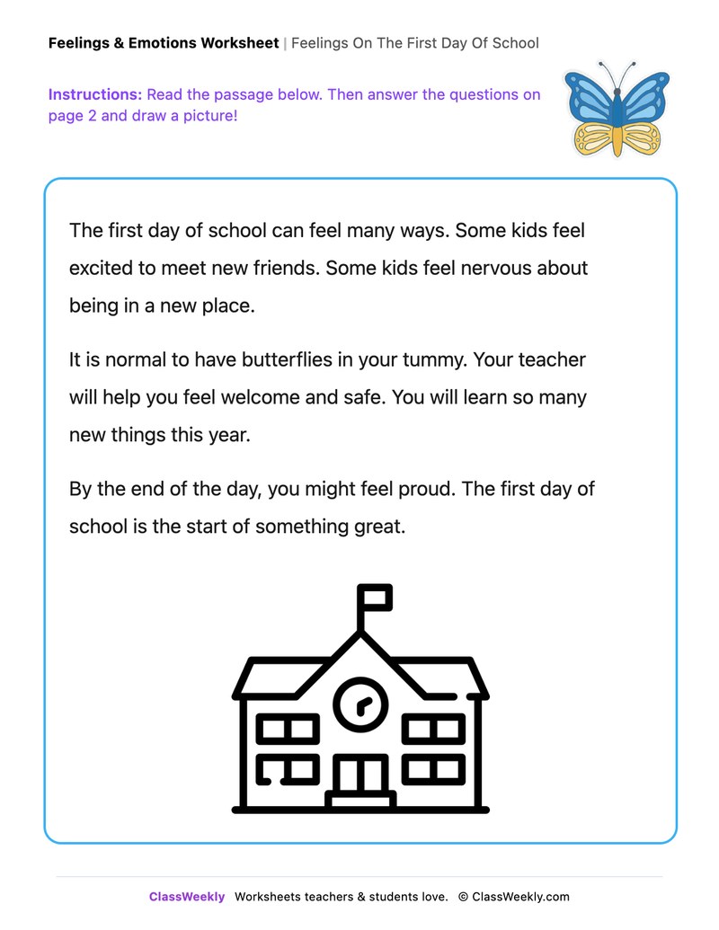 Feelings On The First Day Of School - Draw & Write Worksheet - Page 1