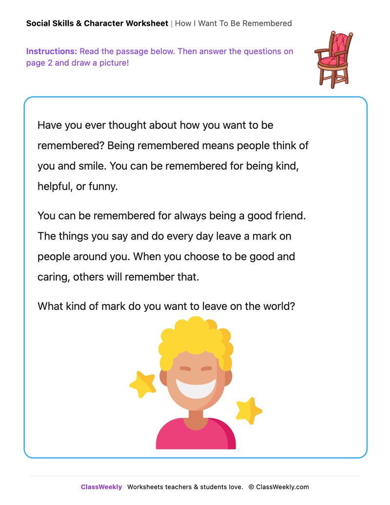 How I Want To Be Remembered - Draw & Write Worksheet - Page 1